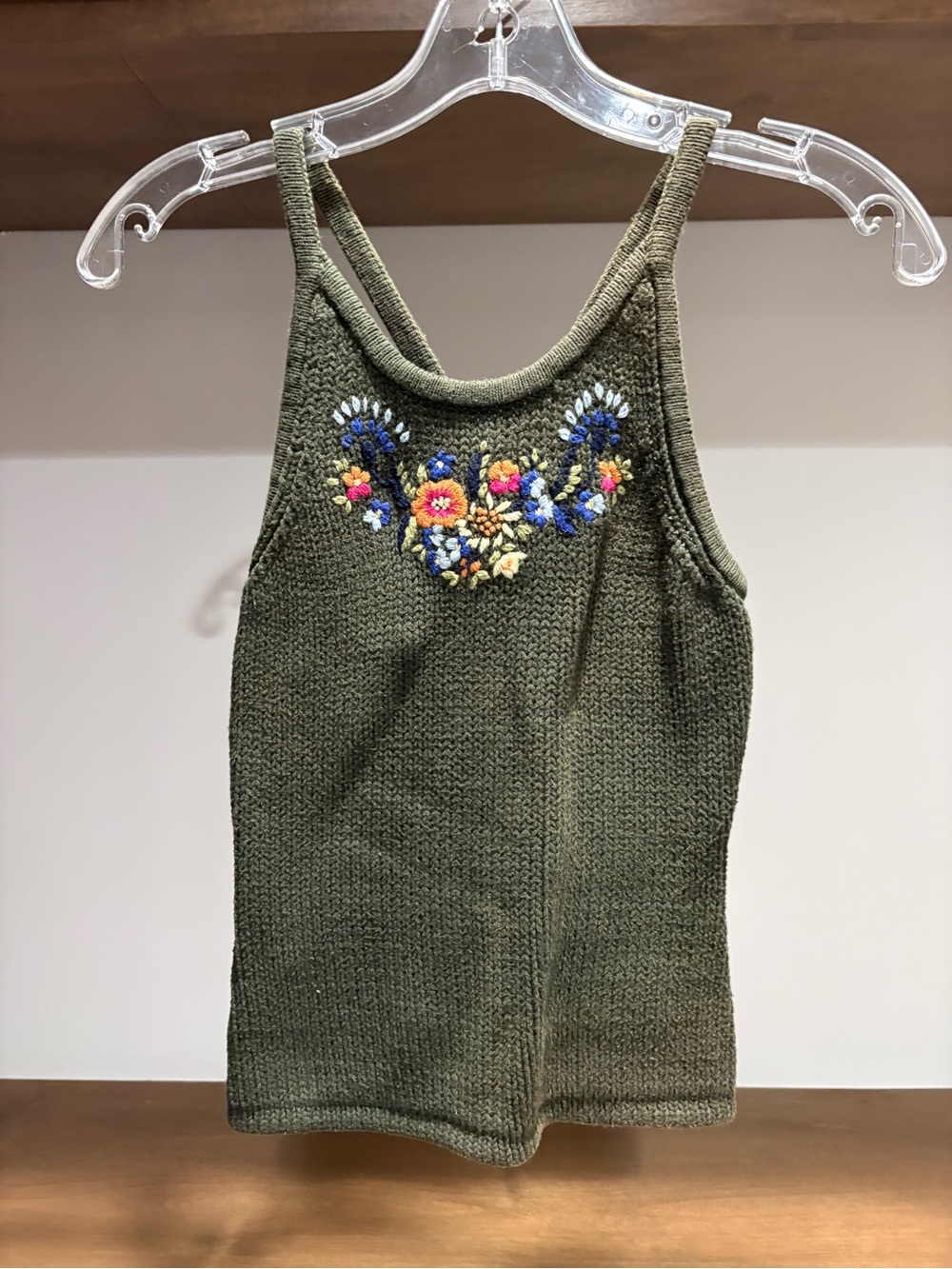 Olive Green Embroidered Knit Tank Top